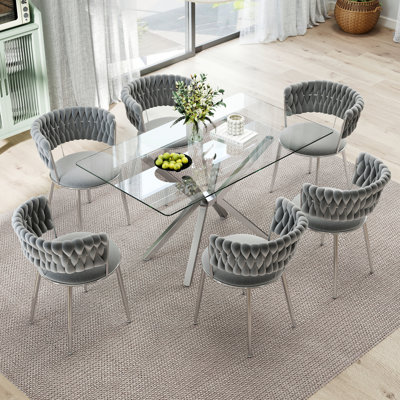 Rectangle Pedestal Dining Set with Modern Weaven Velvet Dininig Chair