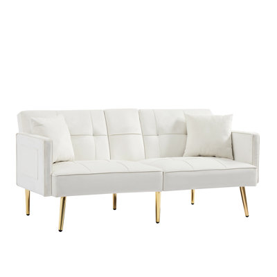 Futon en velours blanc crème, 3 réglages réglables, pieds en métal doré, 2 porte-gobelets, lit futon avec positions, dossier, 2, rembourrage en mousse, poches et supports de rangement latéraux