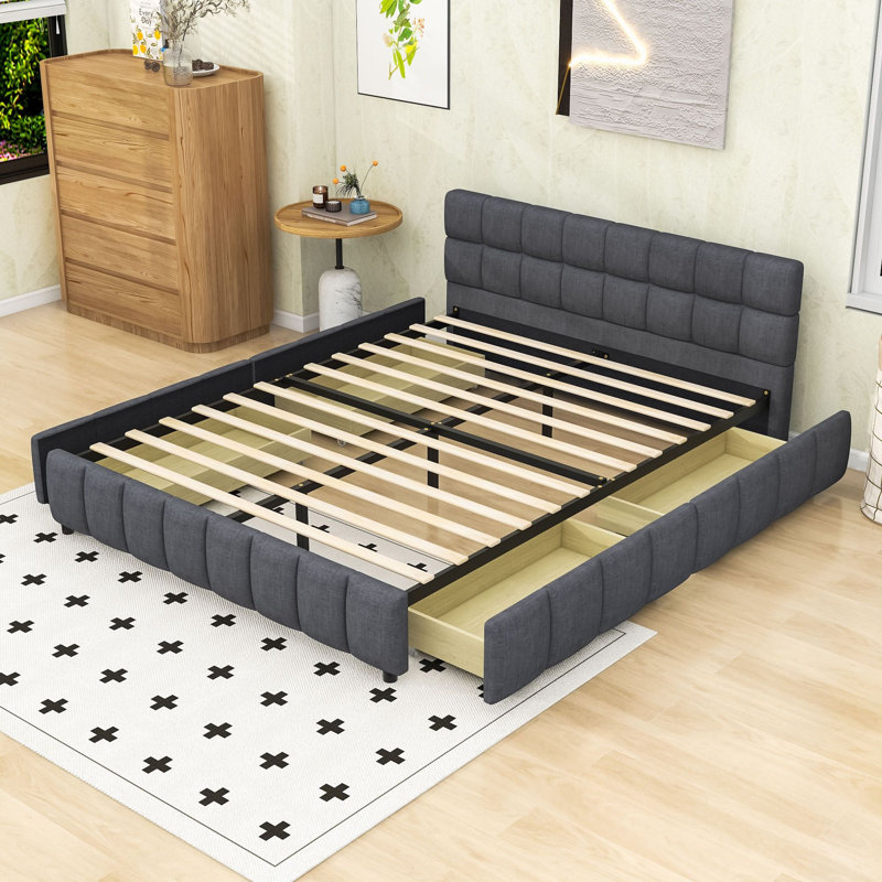 Lit plateforme rembourré Queen Size avec tête de lit capitonnée à carreaux et support central en acier, Gris