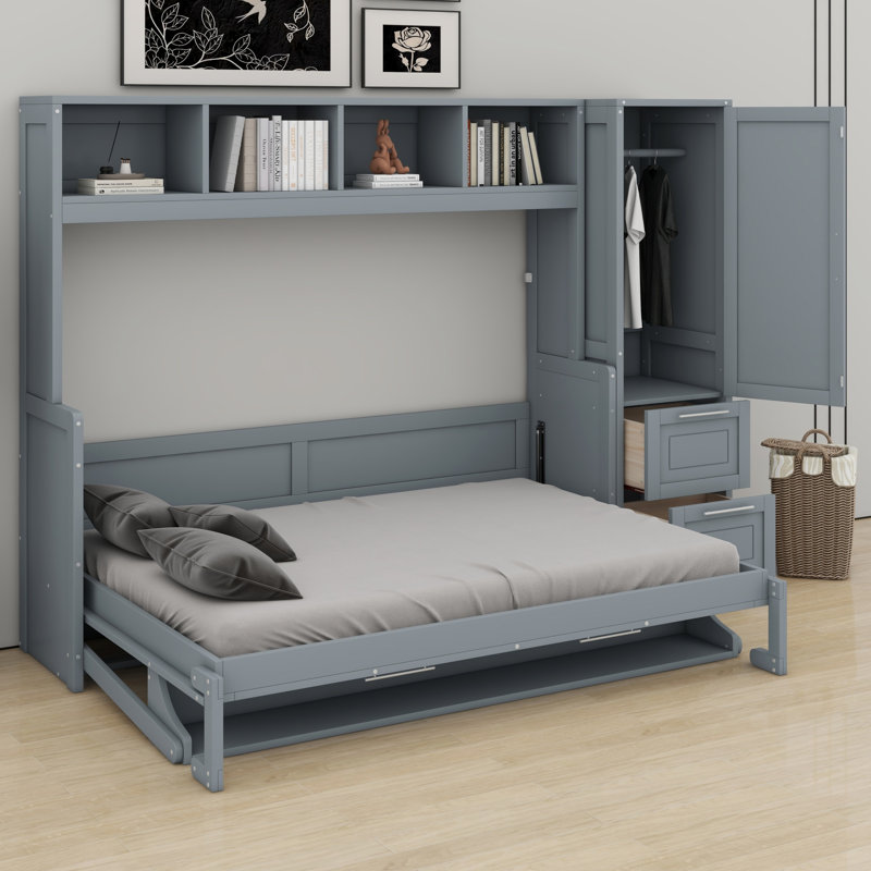 Lit escamotable Murphy avec placard et tiroirs, Gris