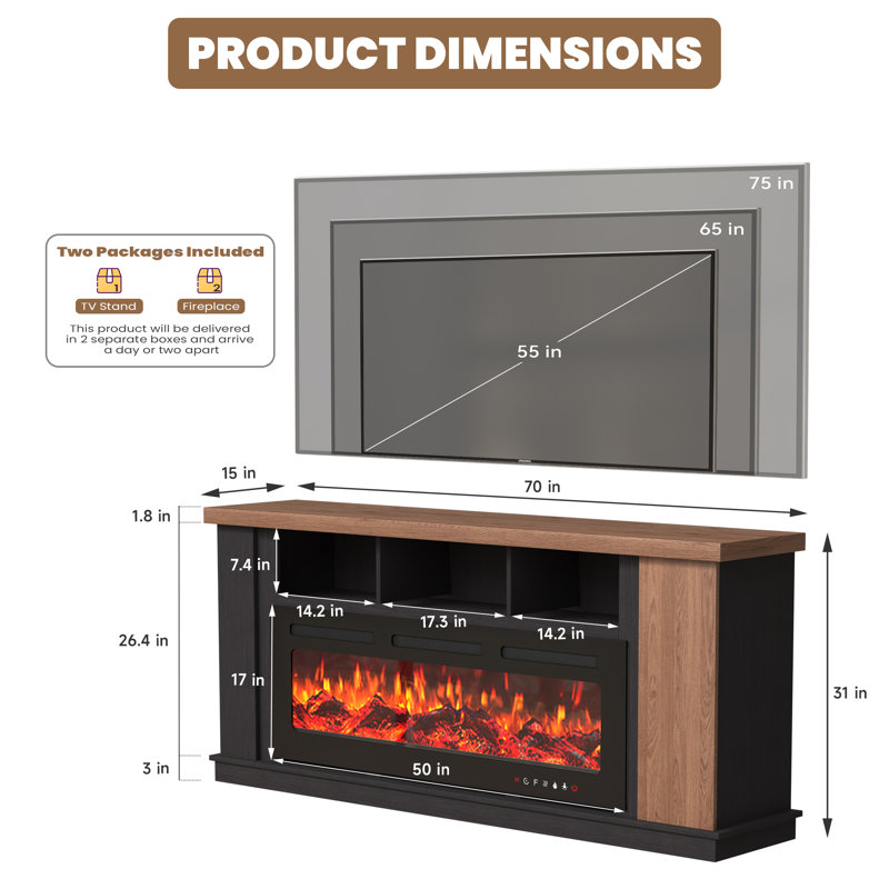 Meuble télé 70 po pour téléviseur de 80 po ou moins avec foyer