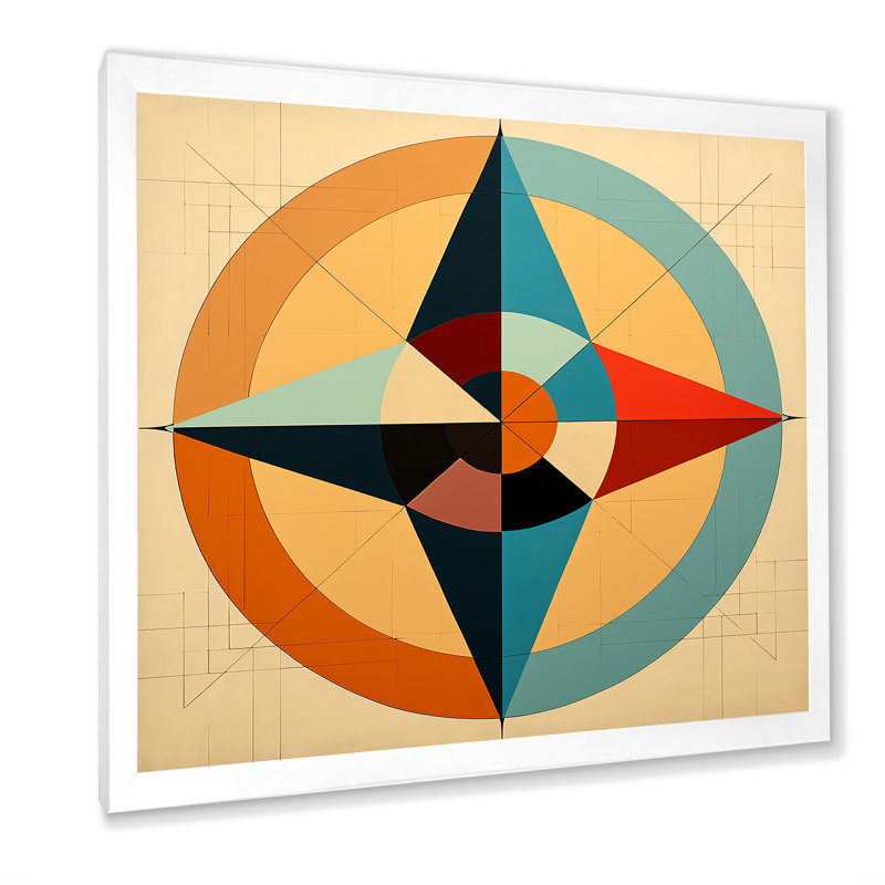 «Midcentury Compass», abstrait géométrique rétro sur toile, Cadre simple blanc, H 16 po x l 16 po x P 1 po
