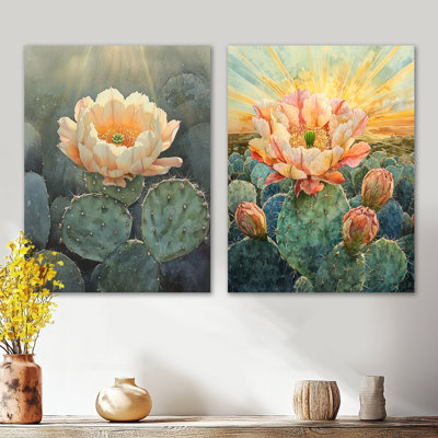 Cactus fleuri au soleil - ensemble d'art mural en métal désertique de 2