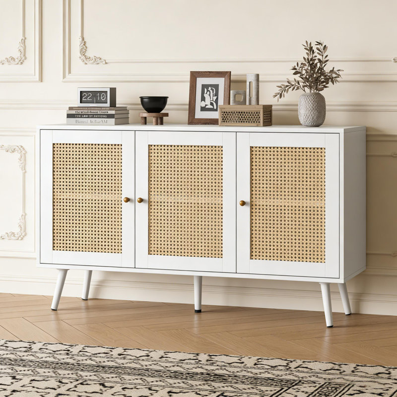 47.2" Rattan Sideboard with Adjustable Shelves for Kitchen, Living Room, Entryway, White