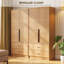 Armoire 2 portes avec tiroirs et tringle - Armoire autoportante à finition naturelle pour petits espaces