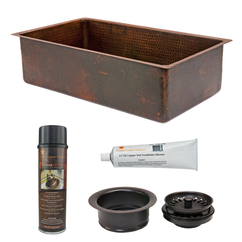 Évier de cuisine 33 "en cuivre martelé simple avec drain et accessoires assortis, Bronze huilé