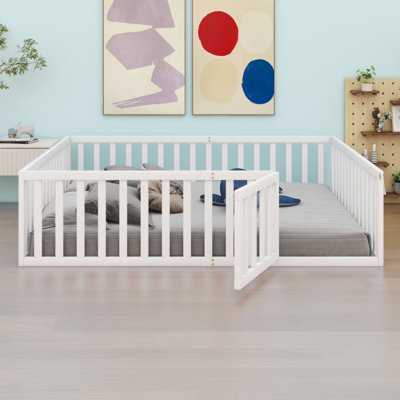Cadre de lit grand lit en bois avec clôture et porte, blanc (ANCIEN SKU: WF289663AAK)