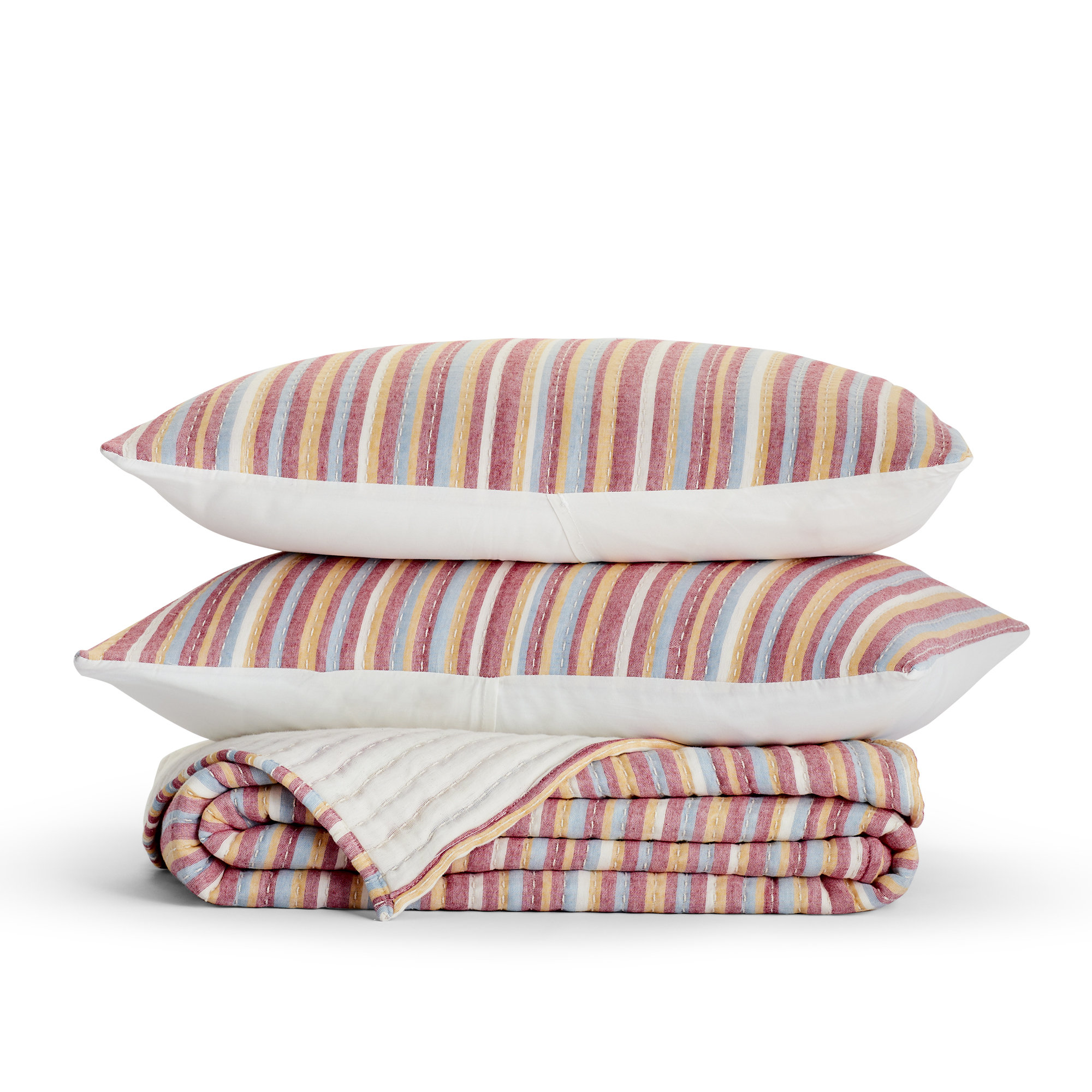 Lush Decor Tracy Stripe Kantha Pick Stitch Cotton Coverlet Set, Queen Quilt + 2 Shams
