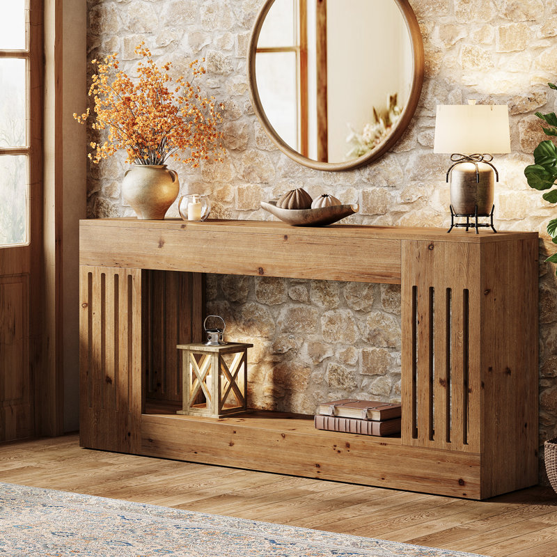 Table basse 63 po en bois massif avec tablette de rangement, console à 2 niveaux avec pieds à rayures verticales