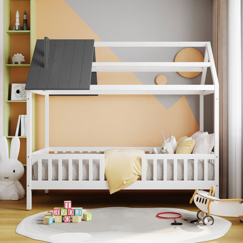 Lit en bois avec clôture Wood House, Blanc