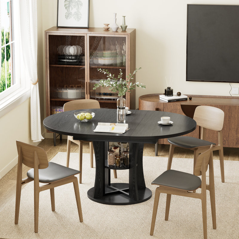Table de salle à manger extensible de 44 po pour 4 à 8 personnes, table de salle à manger ronde avec panneau de fibres à densité moyenne résistant aux égratignures, table de cuisine moderne avec glissement et rangement silencieux, table de salle à manger, noir