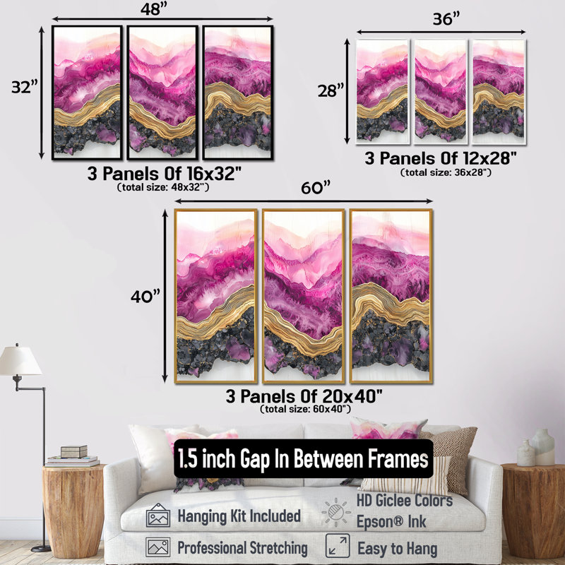 «Forest River of Amethyst Crystal II», art mural forêt - ensemble de 3, H 32 po x l 48 po, Noir