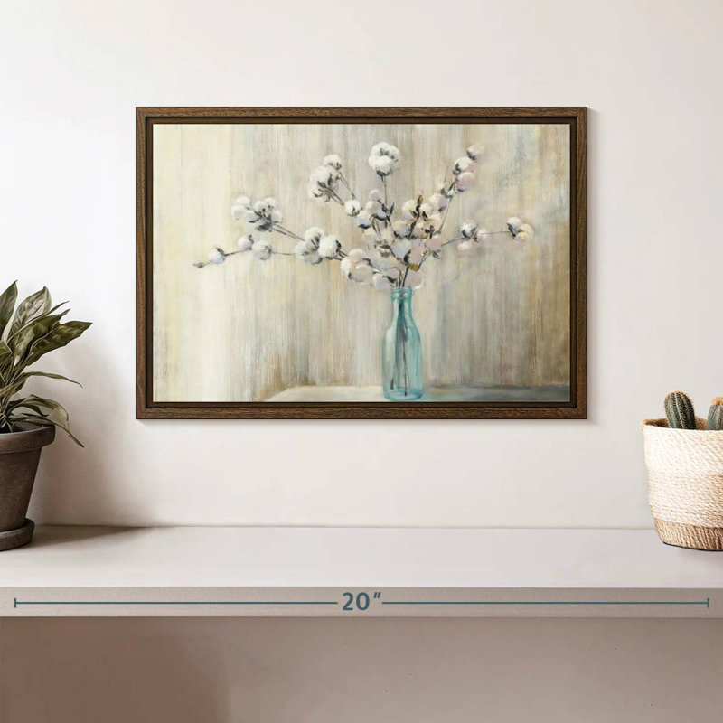 Bouquet de coton, 13 po x 9 po, Cadre flottant en noyer