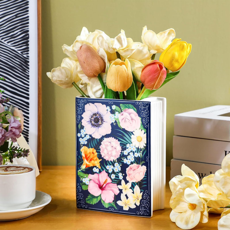 Book Shaped Small Flower Vase Decorative Ceramic Vases Cute Home Decor For Bookshelf Dining Table Desk Office Home Decor Unique Vase For Book Lovers (Retro Flowers)