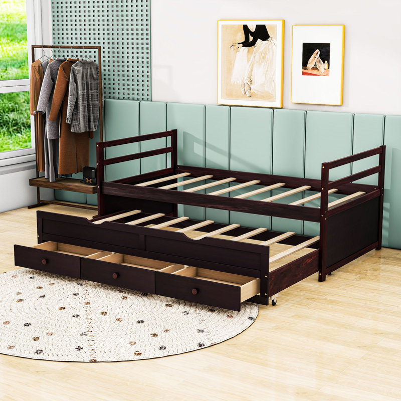 Twin Size Bed with Pull-Out Twin Trundle and Storage Drawers, Espresso