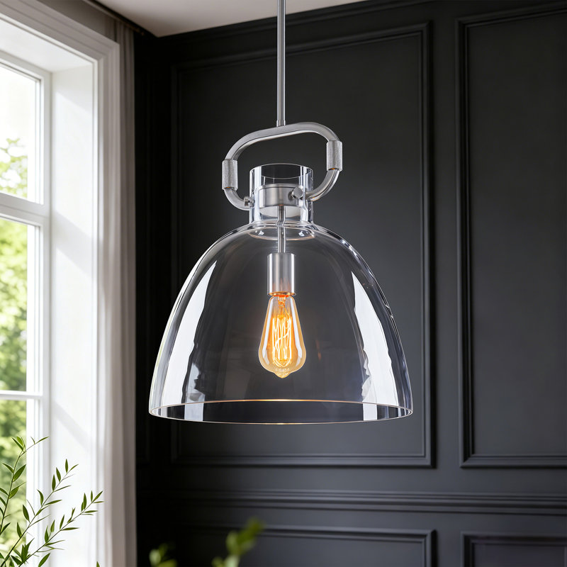 Luminaire suspendu industriel 1 lumière avec abat-jour en verre transparent Rooker, Nickel