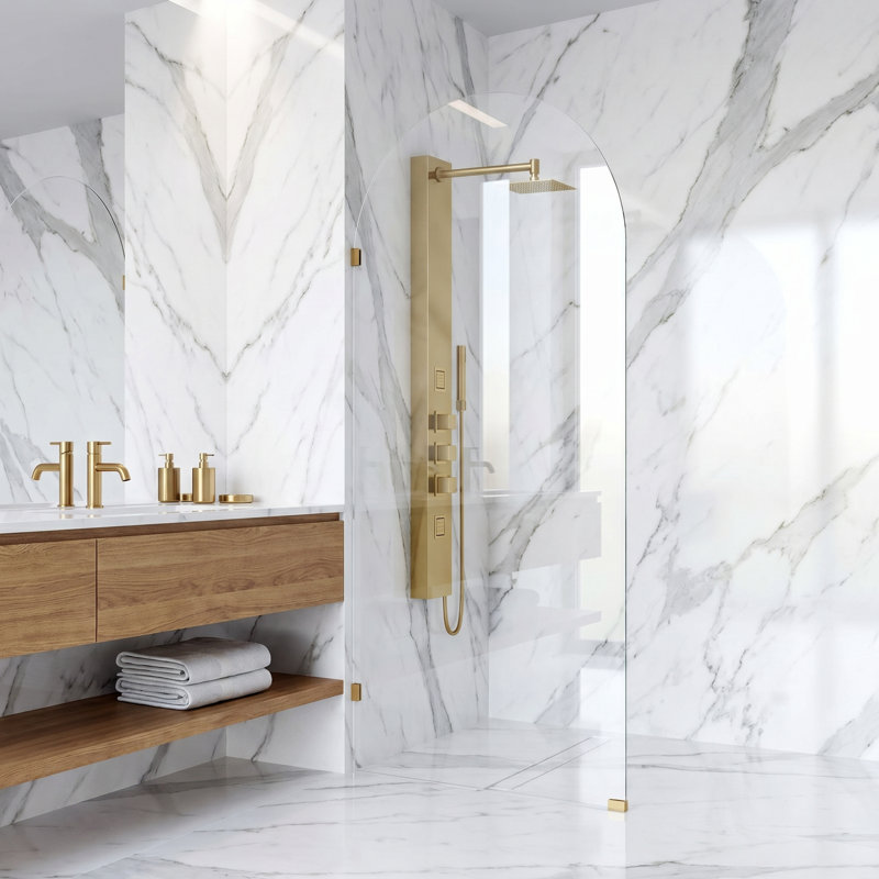 Arden 34" W x 78" H Frameless Fixed Shower Screen with 3/8" Glass, Matte Brushed Gold Clear