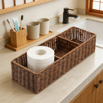 3-Compartment Woven Storage Basket, Bathroom Countertop Organizer For Toilet Paper And Essentials, Handmade Water-Resistant Resin Wicker Bin For Home Organization