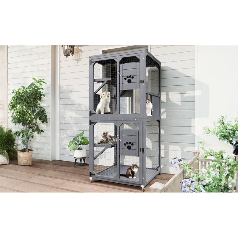 4 - Enclos pour chat intérieur / extérieur avec 3 plateformes de saut, roues et structure en bois de pin gris, toit facile à déplacer