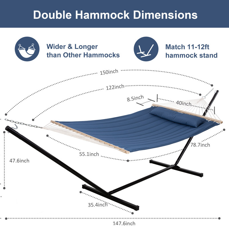 Hamac double à barre d'écartement avec support, Marine, Support de 12 pi