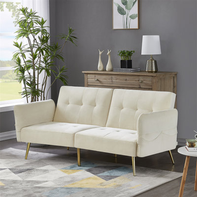 Futon-lit en velours italien, canapé-lit convertible avec accoudoirs pliés et sacs de rangement pour le salon et les petits espaces, velours de 280 g