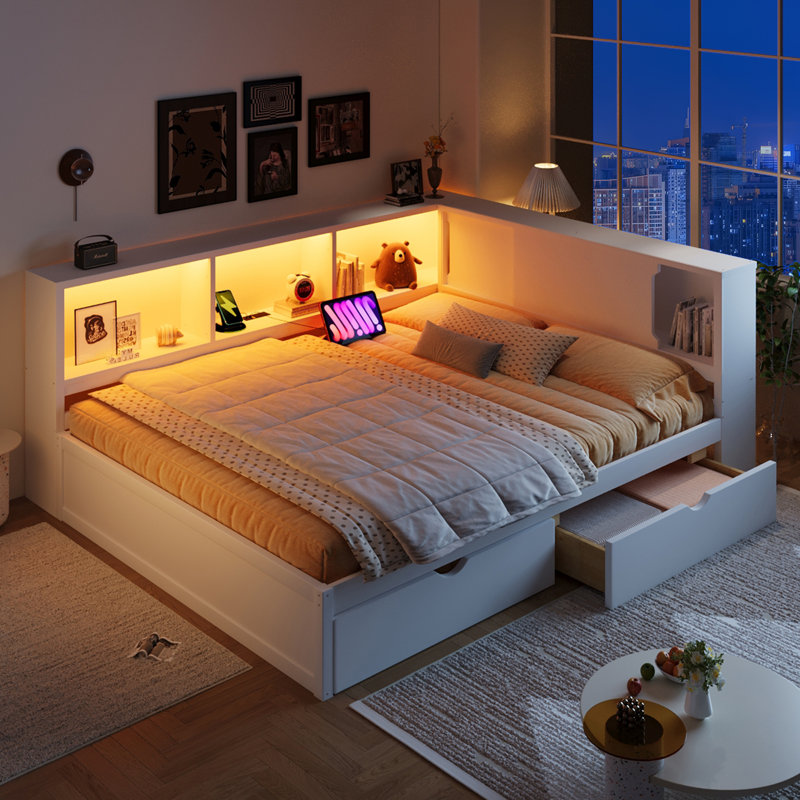 Wood Daybed with Shelves, USB Ports, LED Lighting & 2 Drawers, White