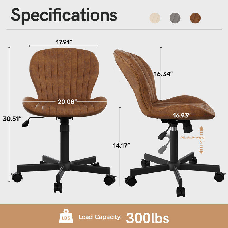 Fauteuil de bureau en cuir polyuréthane sans accoudoirs, fauteuil de bureau ergonomique et pivotant à hauteur réglable, Brun