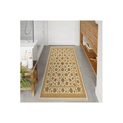 MOSSO Beige Floral Washable Woven Backing Area Rug