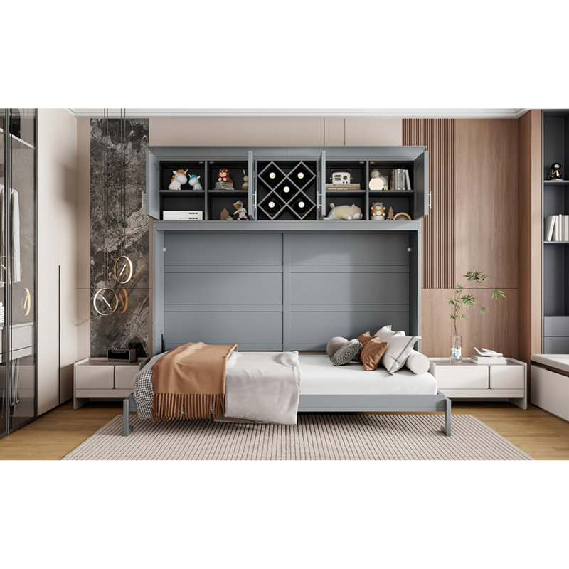 Grand lit mural gris avec armoire et étagère à vin. Idéal pour la maison. Support de matelas confortable. Aucun sommier tapissier requis. Et contreplaqué. Support facile à assembler, gris. Option d'espace petit