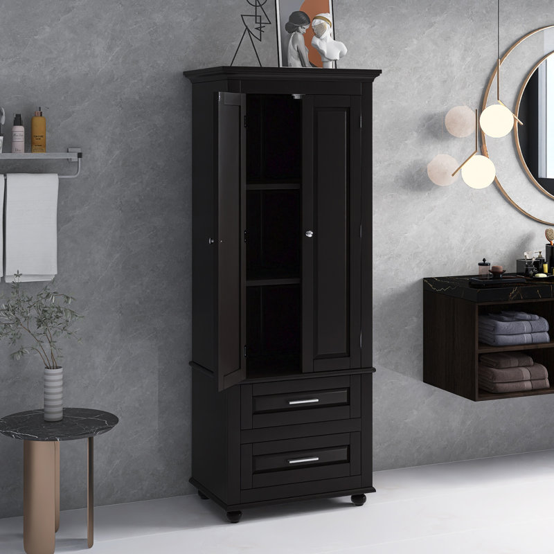Grande armoire de rangement avec deux tiroirs pour la salle de bain, le bureau et le salon, Noir