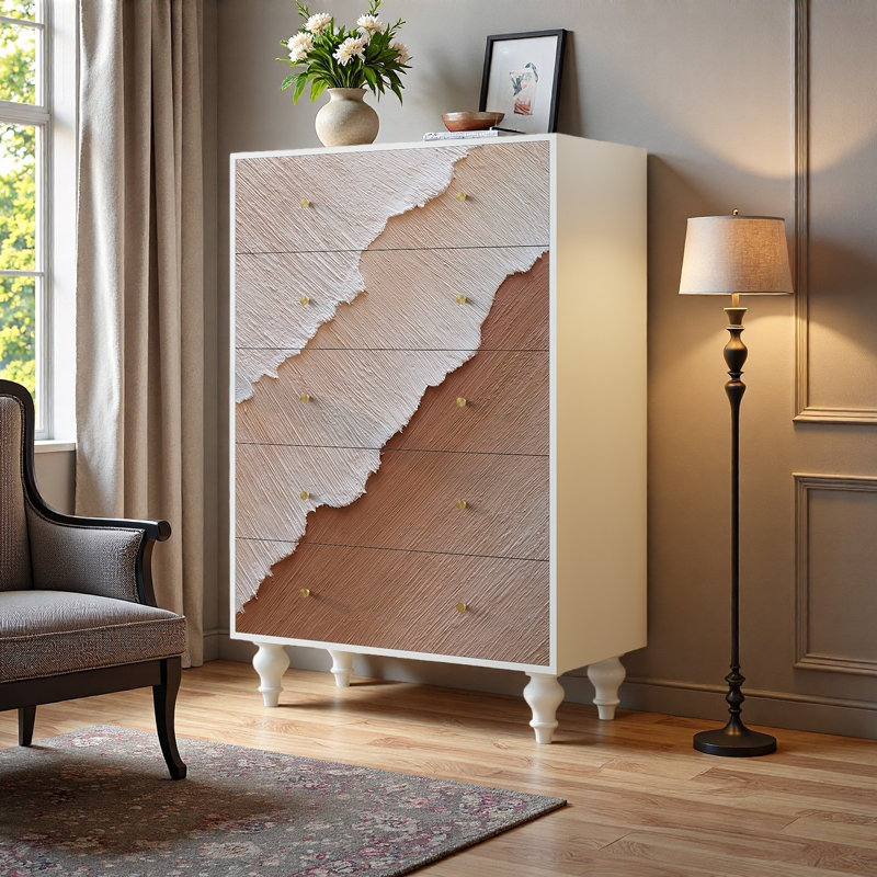 Commode de rangement décorative en bois massif avec 5 tiroirs