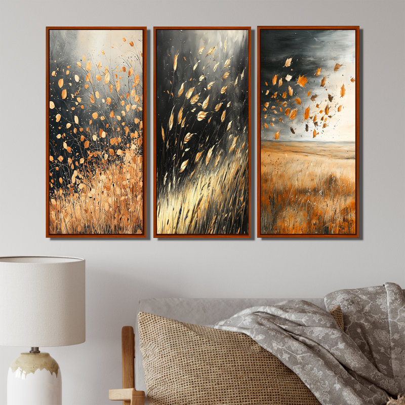 Ensemble de 3 décorations murales Windy Prairie Leaves I - Meadow, H 28 po x l 36 po, Impression encadrée flottante, Brun