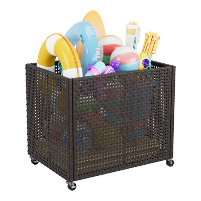 Pool Float Storage Organizer with Wheels - Large Outdoor Mesh Rolling Cart for Toys & Noodles, Heavy-Duty Wicker Storage Bin with Locking Casters, Grey