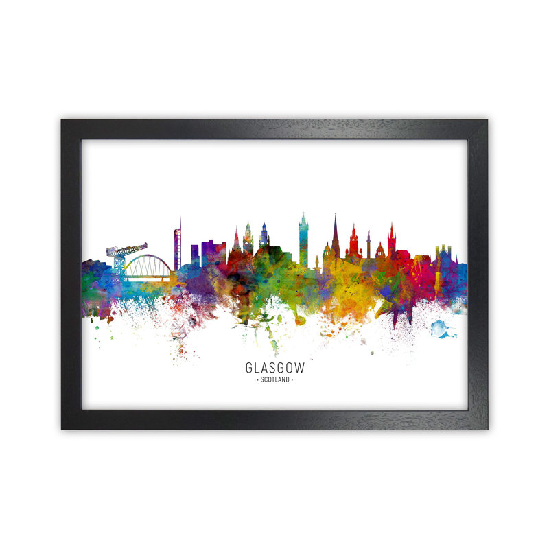 Glasgow Scotland Skyline by Michael Tompsett - Print, 46cm H x 63cm W x 3cm D, Black Framed