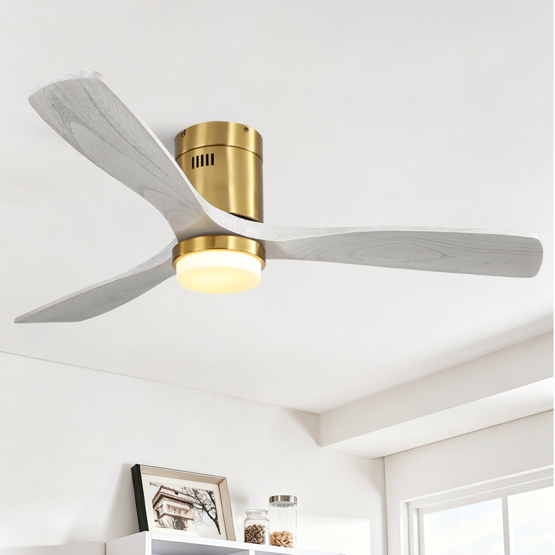 52"Smart Flush Mount 3-Blade Solid Wood Ceiling Fan With Light and Remote/App/Voice Control（Gold&Light Grey）