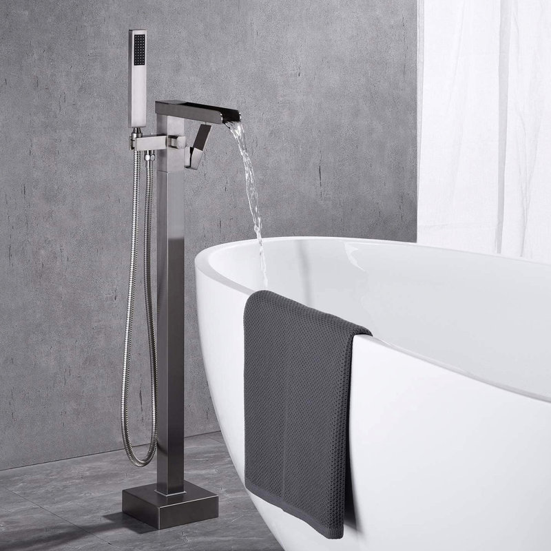 Brushed Nickel Tub Filler With Waterfall Spout And Hand Shower For Bathroom - Floor Mount, Corrosion Resistance Design