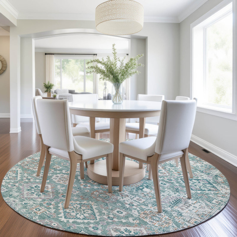 Machine Washable Indoor/Outdoor Xhevrie Seafoam Rug, Round 8'