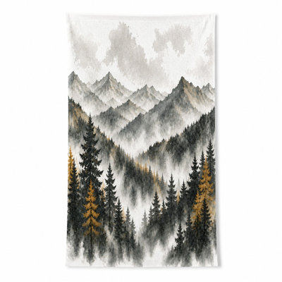1Pcs Misty Mountain Forest Beach Towel, featuring a serene watercolor landscape with towering peaks and dense pine trees, perfect for outings, travel, outdoor adventures, unisex.
