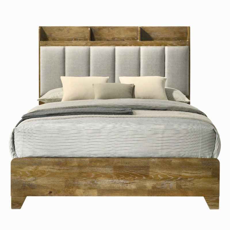 Mobilier de chambre à coucher en bois avec tête de lit tapissier à finition brun