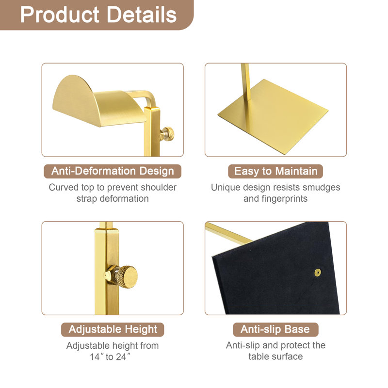 3 Pack Gold Stainless Steel Purse Display Stand - Adjustable Height with Hooks, for Store Counter, Boutique & Home Decor