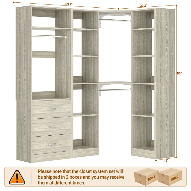 63.2" L X 39.2" W X 80" H Corner Closet System, Freestanding Closet Organizer System With 3 Drawers, Beige