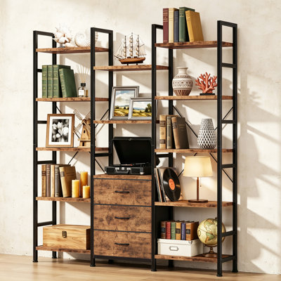 5 Tier Etagere Bookcase,triple Bookshelf With 13 Open Display Shelves And 3 Fabric Drawers