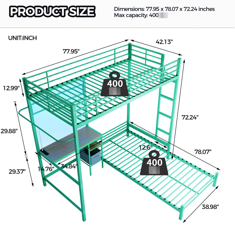 Lit superposé simple en métal avec garde-corps, bureau et rangement, espace pour les dortoirs en forme de L, tablettes,, adolescents idéaux