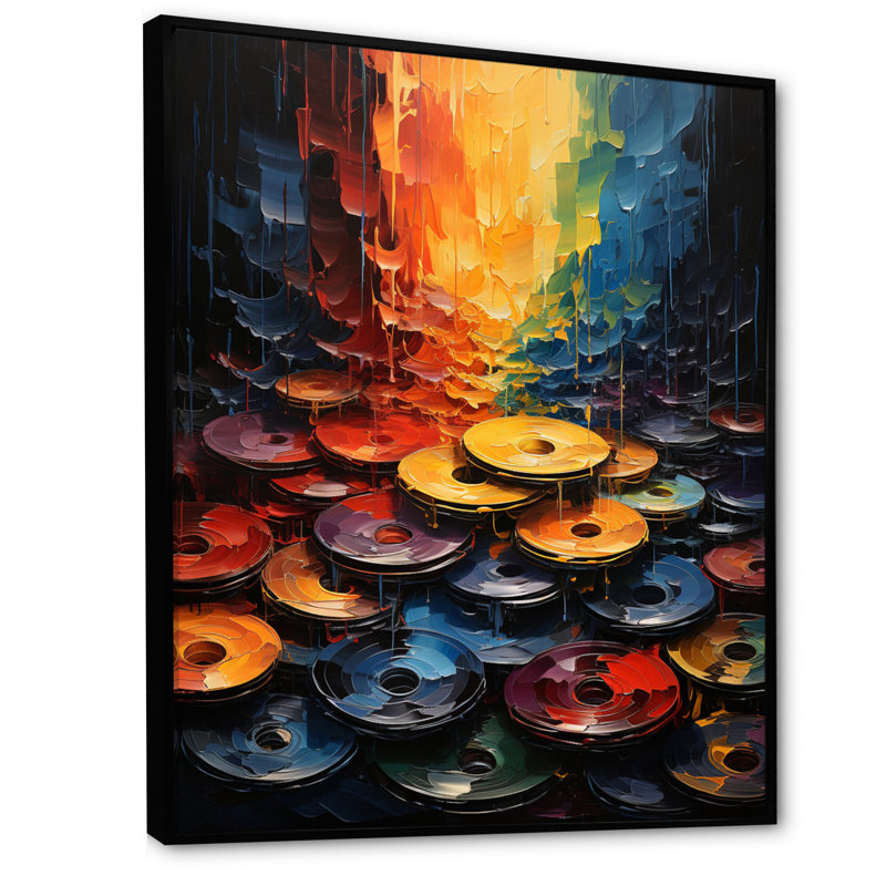 Impression sur toile colorée, disque vinyle symphonique I, H 32 po x l 16 po x P 1 po, Cadre flottant noir