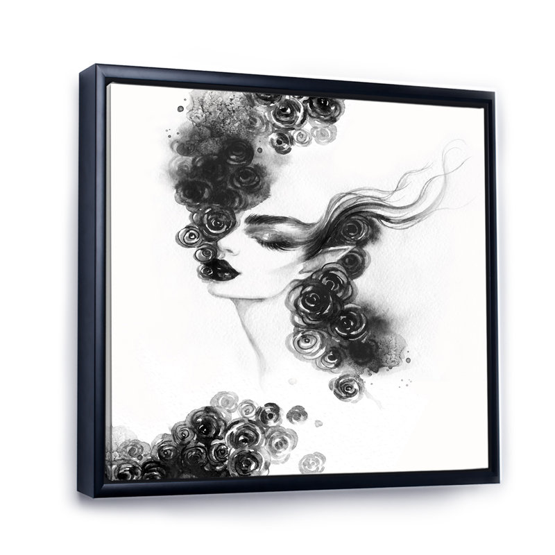 «Black and White Glam Woman Portrait II», reproduction d'art sur toile, H 30 po x l 30 po x P 1 po, Cadre flottant noir