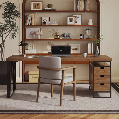 Minimalist Long Brown Desk with Drawer Cabinet, Home Office Study Computer Desk