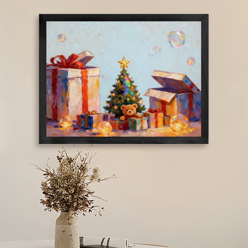 Arbre de Noël noir encadré noir et cadeaux, reproduction d'art de style rétro, H 17 po x l 25 po