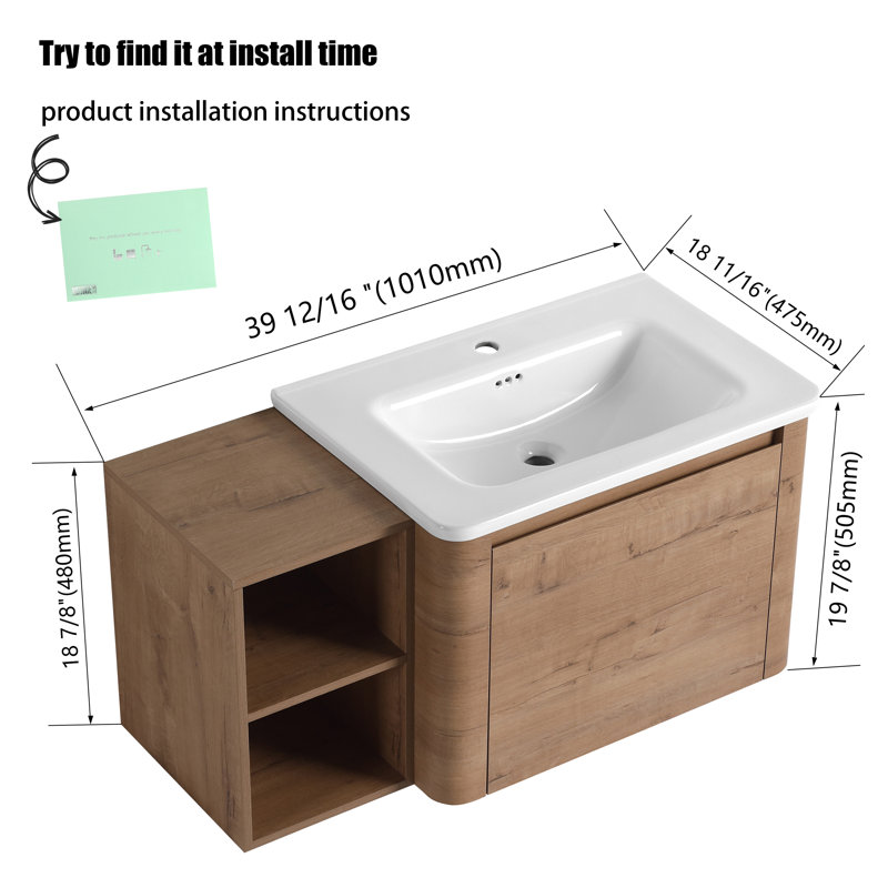 Meuble-lavabo mural flottant avec plateau en céramique, 40"