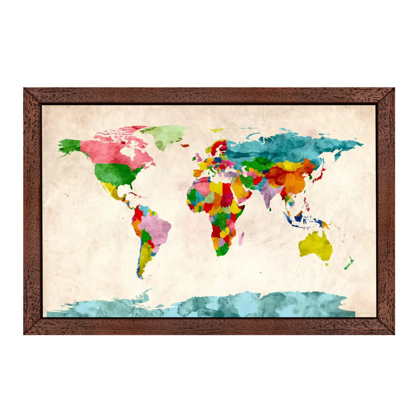 World Map Watercolours III by Michael Tompsett - Floater Frame Print on Canvas, 66.04 cm H x 45.72 cm W, Brown Framed