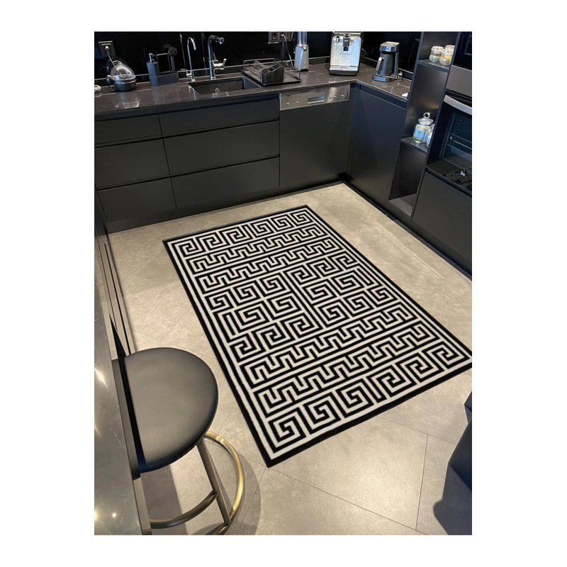 Black Color Modern Geometric Woven Floor Carpet, Rectangle 3'4" x 5'